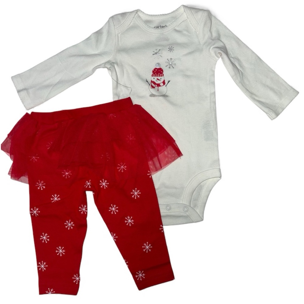 Carter’s Festive Snowman Baby White Onesie and Red Tutu Leggings Set Infant 6m